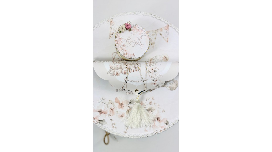 Trusou botez Nude Teddy Bear Toile de Jouy bej crem cu accente light pink și pattern floral vintage 23